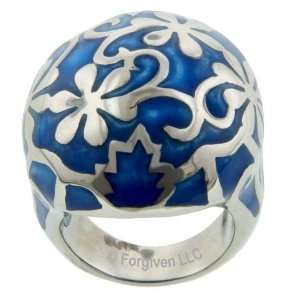  High Fashion   Large Domed Epoxy Blue Flowers   Stainless 