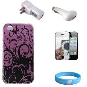  Purple Swirl Carrying Case for iPhone 4 + USB Car Charger 