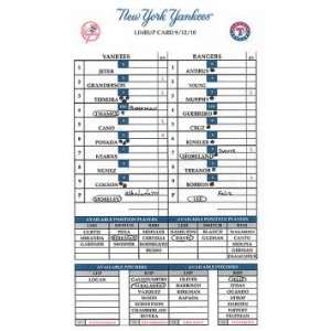  Yankees at Rangers 9 12 2010 Game Used Lineup Card 