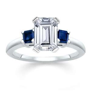  2.01 CT EMERALD DIAMOND W PRINCESS BLUE SAPPHIRE RING 18K 