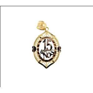  14k Tricolor Gold, 15 Anos Quinceanera Pendant Charm Oval 