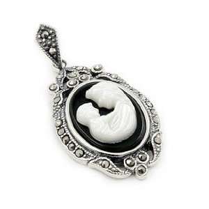    Sterling Silver Marcasite and Onyx Mop Mother Son Pendant Jewelry