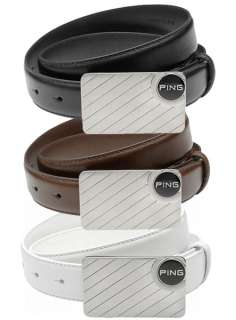 PING Golf Mens Leather Belt w/ Ball Marker Buckle   Brown, White 