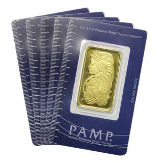 CINCO 1oz SUIZOS PAMP CERTIFICADOS SELLARON BARRAS de ORO .9999 5 