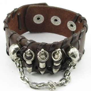 H511 Bullet , Skull and Chain Brown Leather Men/Women Button Wristband 