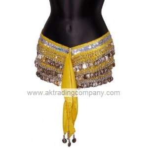 Belly Dancing Deluxe Velvet Hip Scarf   Yellow with Silver Coins