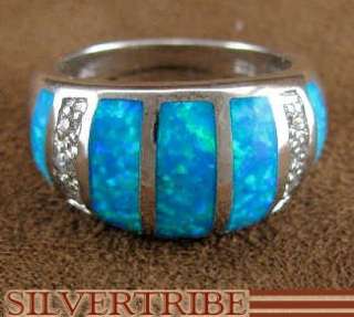 Created Blue Opal Inlay Sterling Silver Ring Size 6 1/4  