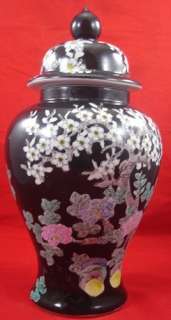 Vintage CHINESE GINGER JAR Hand Painted Black White Blue Floral 