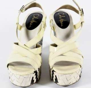 Cole Haan Ivory Patent Leather Chunky Wedge Sandals Woven Heel 7 B 