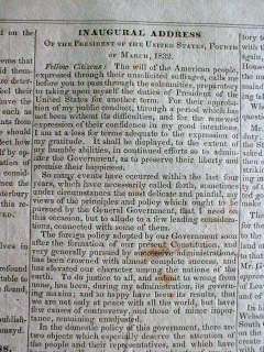 1833 VT newspaper ANDREW JACKSON INAUGURATION US PRESIDENT w His 