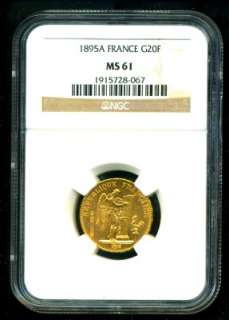1895 FRENCH ANGEL GOLD COIN 20 FRANCS * NGC CERTIFIED GENUINE & GRADED 