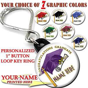   LOOP KEY RING PERSONALIZED 1in BUTTON CHARM Choice of 7 Colors  