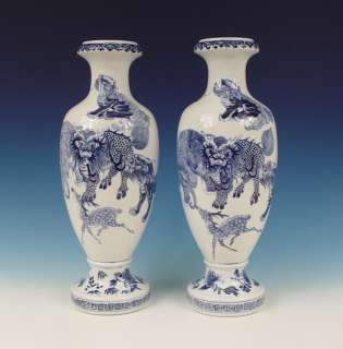 Amazing Pair Chinese Porcelain Vases Elephant + Deer 19th C. 16 Inch 