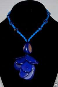 Handmade Indigo Blue Tagua Seeds Beaded Petals Necklace  