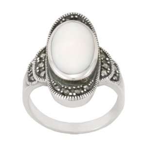  Sterling Silver Marcasite Elongated Oval Mother Of Pearl Ring 