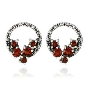    Sterling Silver Marcasite and Garnet Circle Stud Earrings Jewelry