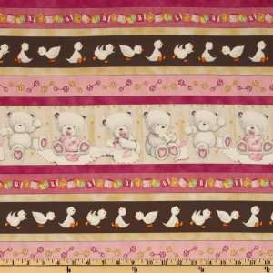 44 Wide Baby Bear Hugs Border Stripe Pink/Cream/Brown Fabric By The 