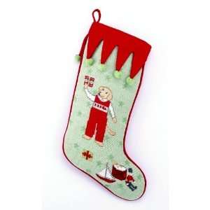   Boy in Red Pants Christmas Stocking, Wool Needlepoint