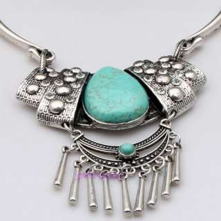 Chinese Tibetan style oval howlite turquoise bead pendant fringe chain 