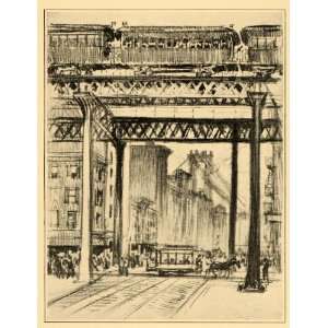  1909 Joseph Pennell Elevated Train Bowery NYC Print 