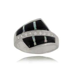  Black Onyx Ring Sterling Silver Opal Stripes CZ Accents 
