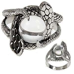   STAINLESS STEEL 2 SNAKES AROUND A CRYSTAL BALL RING WIDTH 22mm