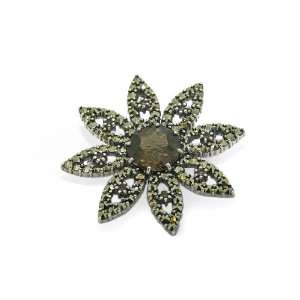    925 Sterling Silver Marcasite & Smoky Quartz Flower Brooch Jewelry