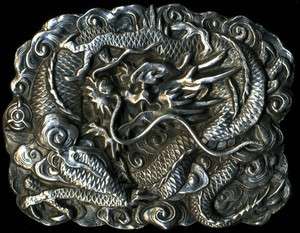   marked Silver ANTIQUE Japanese 3D Writhing Dragon Belt Buckle  