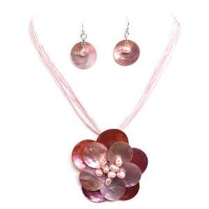  Flower Necklace Set; 18L; Pink Shell And Freshwater Pearls; Lobster 
