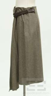 Max Mara Brown Wool Wrap Style Leather Belted Skirt Size 12  