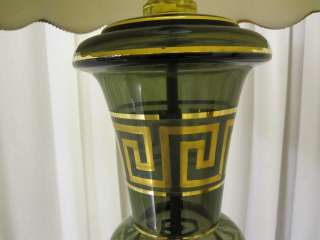 Vintage Set of 2 Glass & Brass Greek Key Lamps w Shades  