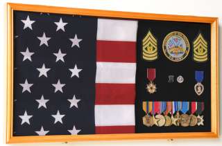 Large Flag and Military Medals Display Case Cabinet  