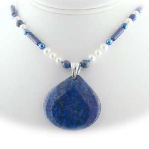 Blue Lapis Stone Fan Pendant Freshwater Pearl Sterling Silver Necklace