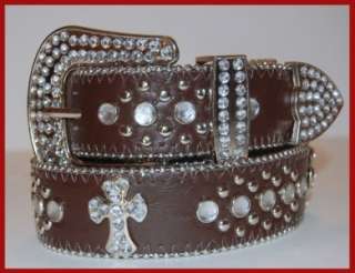 Cowgirl Western Rhinestone Brown Leather Belt Cross New  