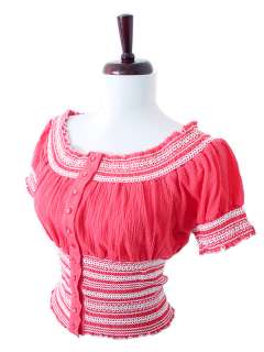 Coral Off Shoulder 50s Vtg Mexican Embroidered Pinup Rockabilly Top 
