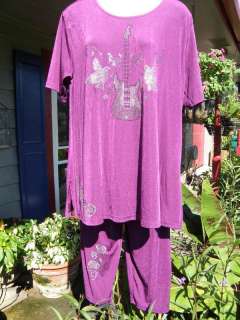 Jostar New Slinky Guitar Rose Birds Rhinestone Capri Set Lrg Purple 