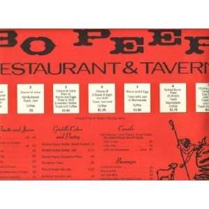 Bo Peep Restaurant & Tavern Breakfast Menu Placemat