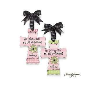  Set of 2 Pink & Green Blessed Mother Crosses Ceramic