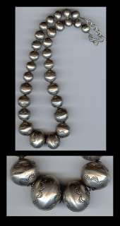 VINTAGE NAVAJO INDIAN WEIGHTY STAMPED STERLING SILVER BEADS NECKLACE 