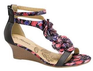 Womens Floral Print T Strap Wedged Sandals Black Size 5.5 10 /ankle 