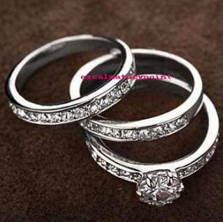 18k White Gold GP Wedding Engagement 3 Ring Set w/ Swarovski Crystal 