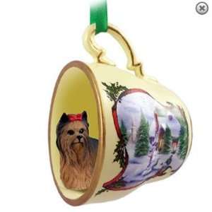   Yorkshire Terrier in Teacup Ornament   Winter Scene with Red Ribbon
