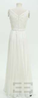 Reem Acra Ivory Silk Twist Front Jeweled Cap Sleeve Evening Gown Size 