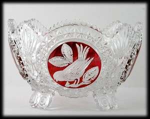 Hofbauer Byrdes Ruby Stained Cut Crystal 4 toed Centerpiece Bowl 