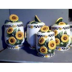 SUNFLOWER 3D Majolica Canisters Set of 4 Sunflowers NEW  