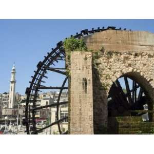Water Wheel on the Orontes River and Minaret Behind, Hama, Syria 