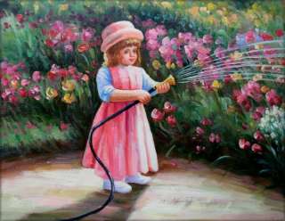   Hand Painted Oil Painting Girl Watering Flowers 16”x12”  