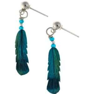 Silver Hawk Green Violetear Hummingbird 3/4 Single Feather Earrings 