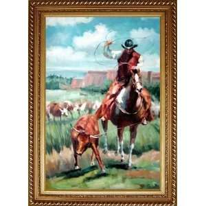 American Cowboy Capturing a Bull Oil Painting, with Exquisite Dark 