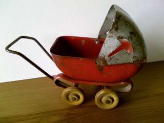 Adorable circa 1930s Metal Toy Baby Carriage w/ Wooden Wheels Made in 